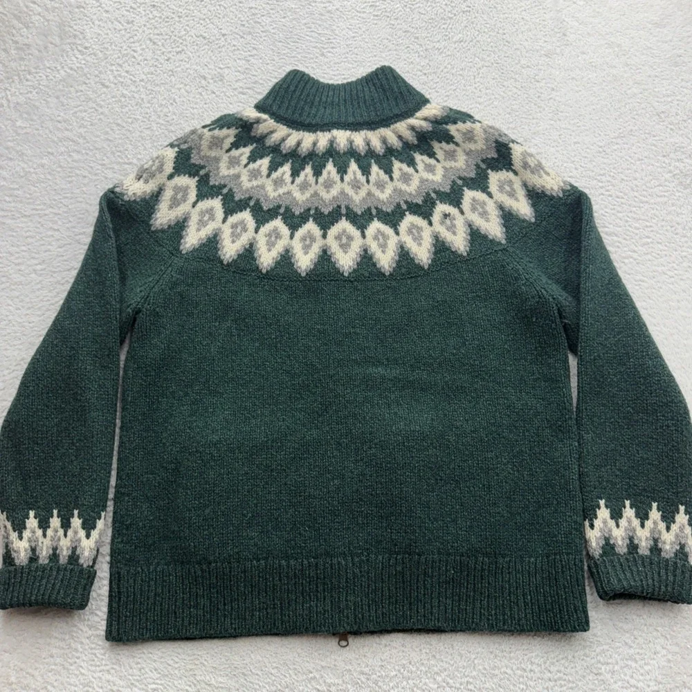LL Bean Women XL Forest Green 100% Lambswool Fair Isle Full Zip Cardigan Sweater